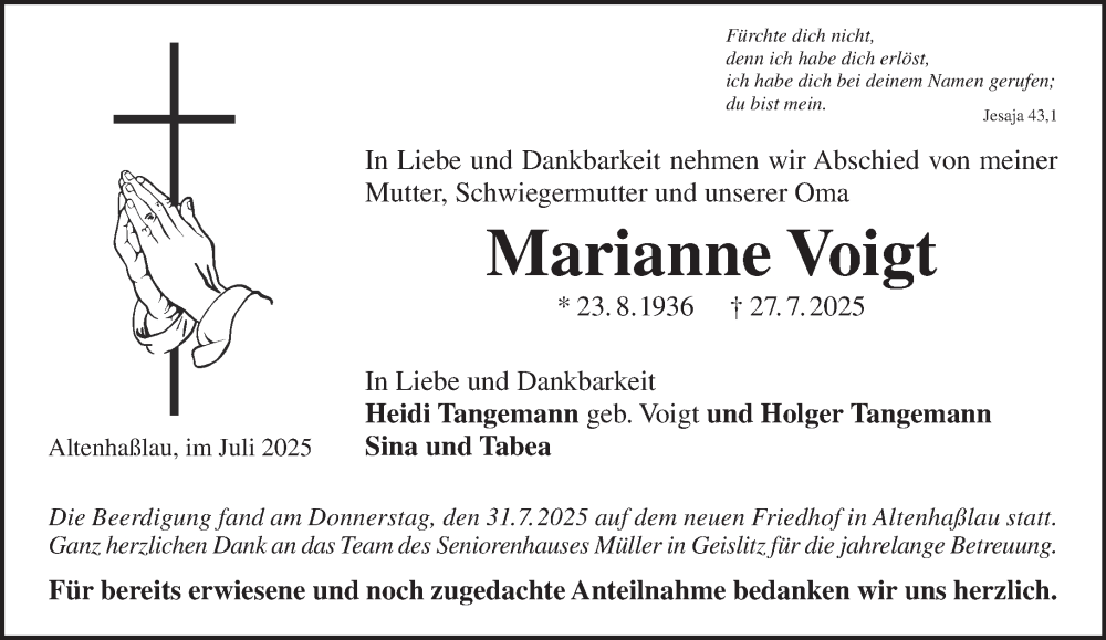  Traueranzeige für Marianne Voigt vom 02.08.2025 aus Mittelhessen-Bote