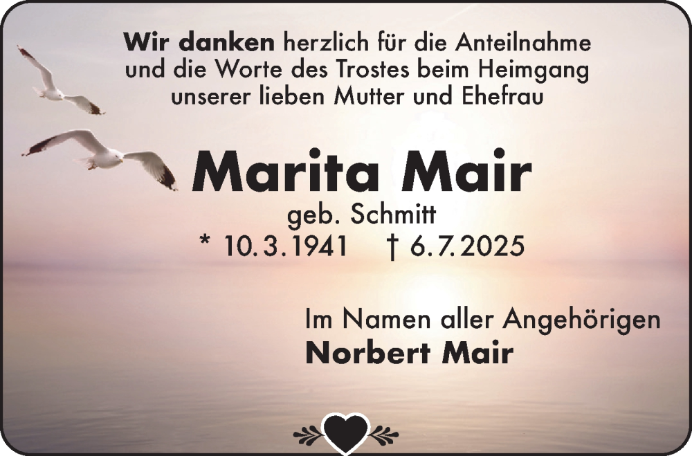  Traueranzeige für Marita Mair vom 09.08.2025 aus Mittelhessen-Bote