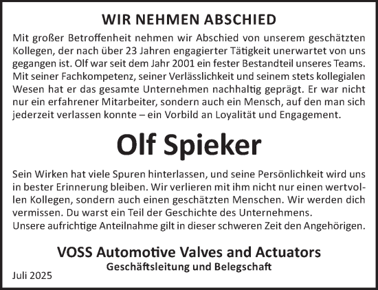 Traueranzeige von Olf Spieker von Gelnhäuser Neue Zeitung