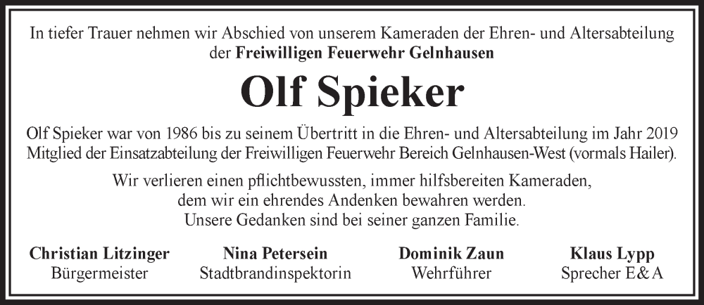  Traueranzeige für Olf Spieker vom 09.08.2025 aus Mittelhessen-Bote