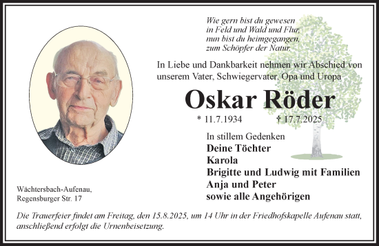 Traueranzeige von Oskar Röder von Gelnhäuser Neue Zeitung