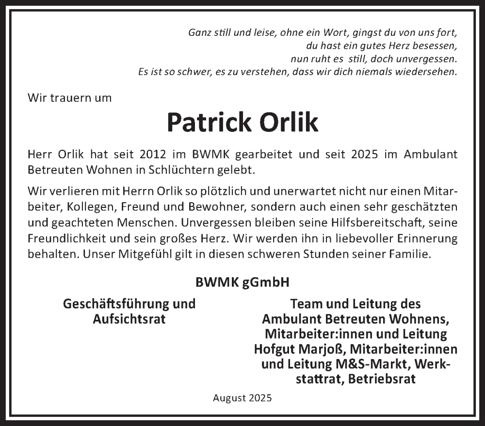  Traueranzeige für Patrick Orlik vom 23.08.2025 aus Gelnhäuser Neue Zeitung