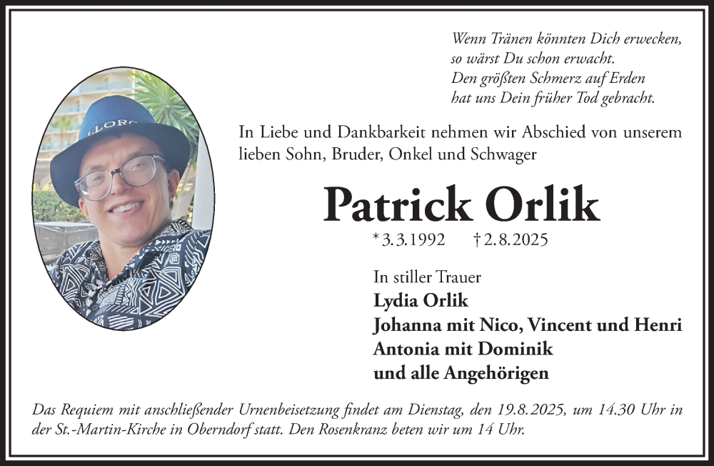  Traueranzeige für Patrick Orlik vom 16.08.2025 aus Mittelhessen-Bote