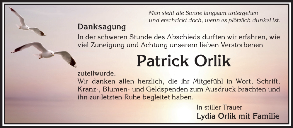  Traueranzeige für Patrick Orlik vom 30.08.2025 aus Gelnhäuser Neue Zeitung