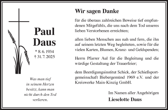 Traueranzeige von Paul Daus von Mittelhessen-Bote