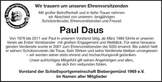 Traueranzeige von Paul Daus von Gelnhäuser Neue Zeitung