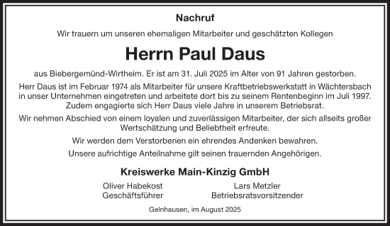 Traueranzeige von Paul Daus von Gelnhäuser Neue Zeitung