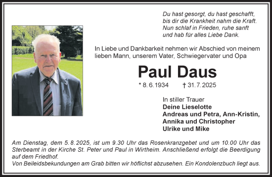 Traueranzeige von Paul Daus von Gelnhäuser Neue Zeitung