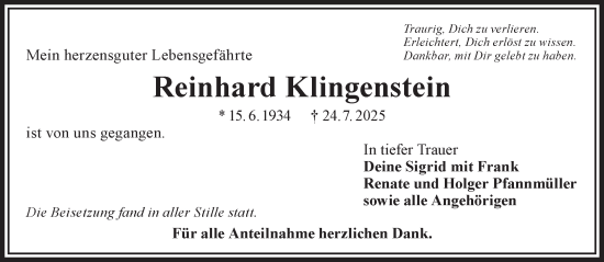 Traueranzeige von Reinhard Klingenstein von Gelnhäuser Neue Zeitung