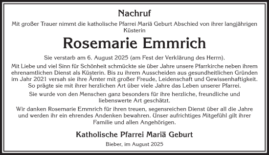 Traueranzeige von Rosemarie Emmrich von Mittelhessen-Bote
