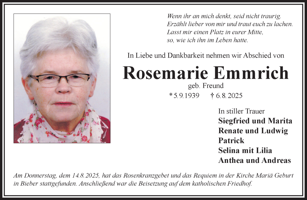  Traueranzeige für Rosemarie Emmrich vom 16.08.2025 aus Mittelhessen-Bote