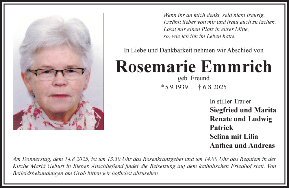  Traueranzeige für Rosemarie Emmrich vom 09.08.2025 aus Gelnhäuser Neue Zeitung