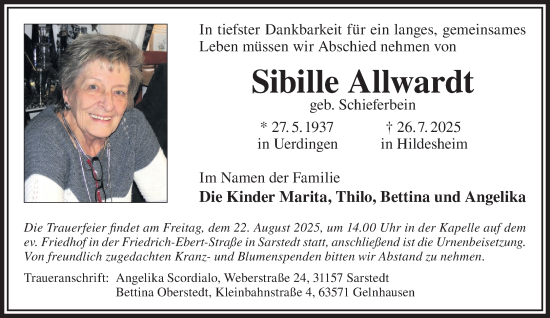 Traueranzeige von Sibille Allwardt von Gelnhäuser Neue Zeitung