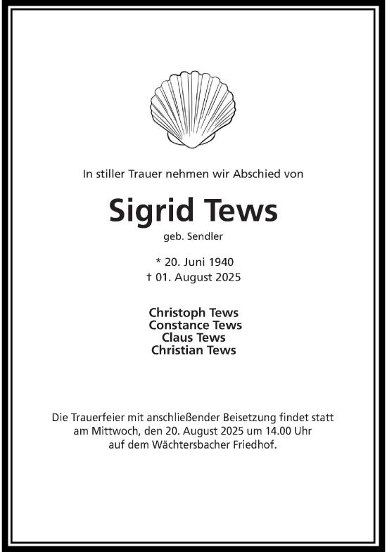 Traueranzeige von Sigrid Tews von Gelnhäuser Neue Zeitung