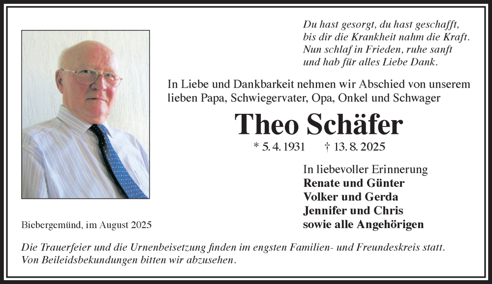  Traueranzeige für Theo Schäfer vom 23.08.2025 aus Mittelhessen-Bote