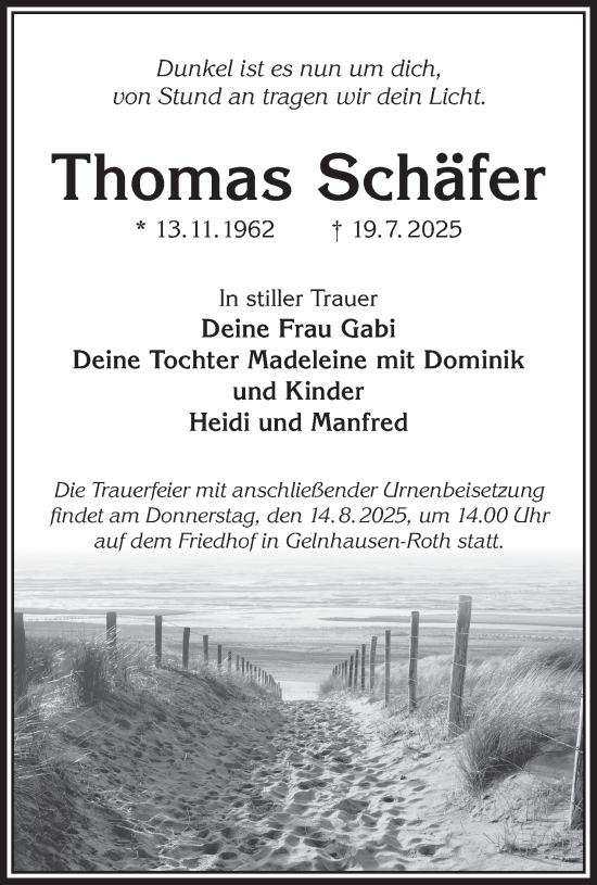 Traueranzeige von Thomas Schäfer von Gelnhäuser Neue Zeitung