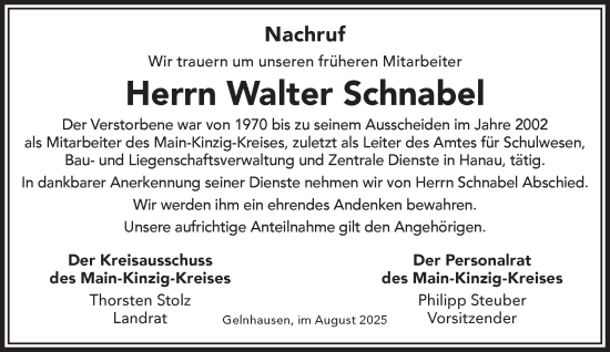 Traueranzeige von Walter Schnabel von Mittelhessen-Bote