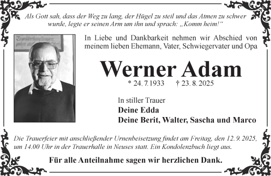 Traueranzeige von Werner Adam von Gelnhäuser Neue Zeitung