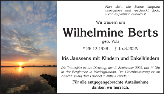 Traueranzeige von Wilhelmine Berts von Mittelhessen-Bote