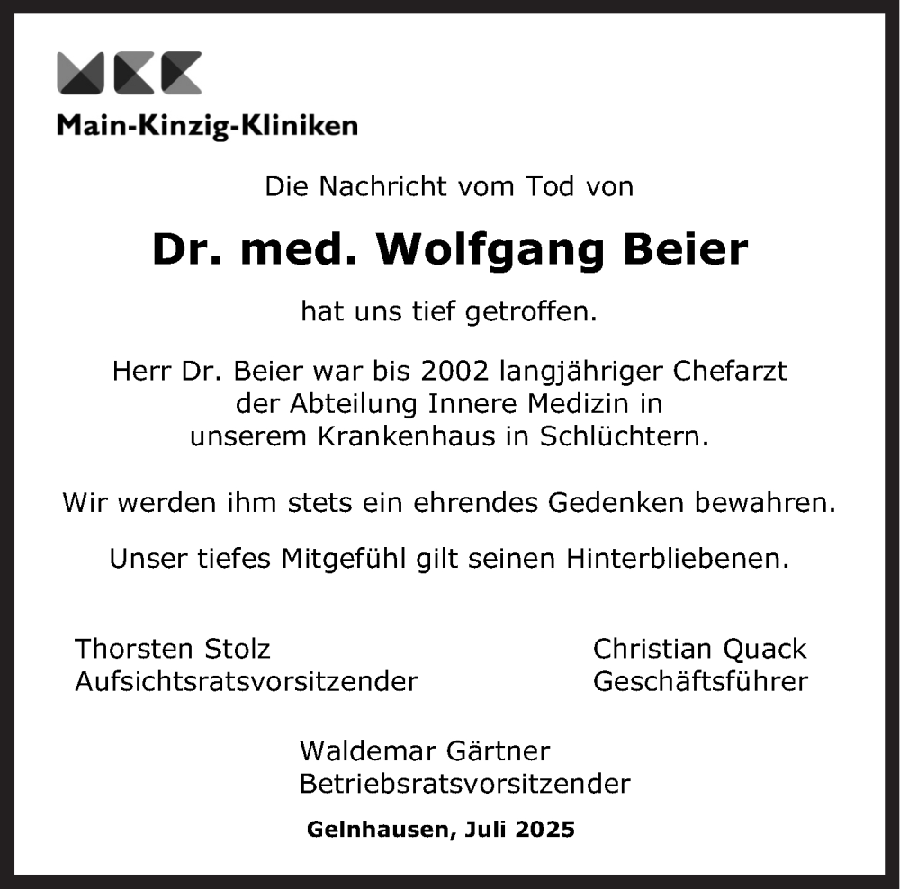  Traueranzeige für Wolfgang Beier vom 09.08.2025 aus Mittelhessen-Bote
