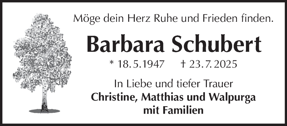  Traueranzeige für Barbara Schubert vom 06.09.2025 aus Gelnhäuser Neue Zeitung