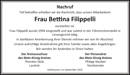 Traueranzeige von Bettina Filippelli von Gelnhäuser Neue Zeitung