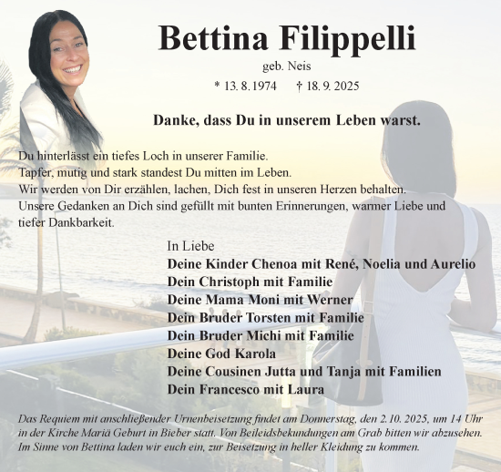 Traueranzeige von Bettina Filippelli von Gelnhäuser Neue Zeitung