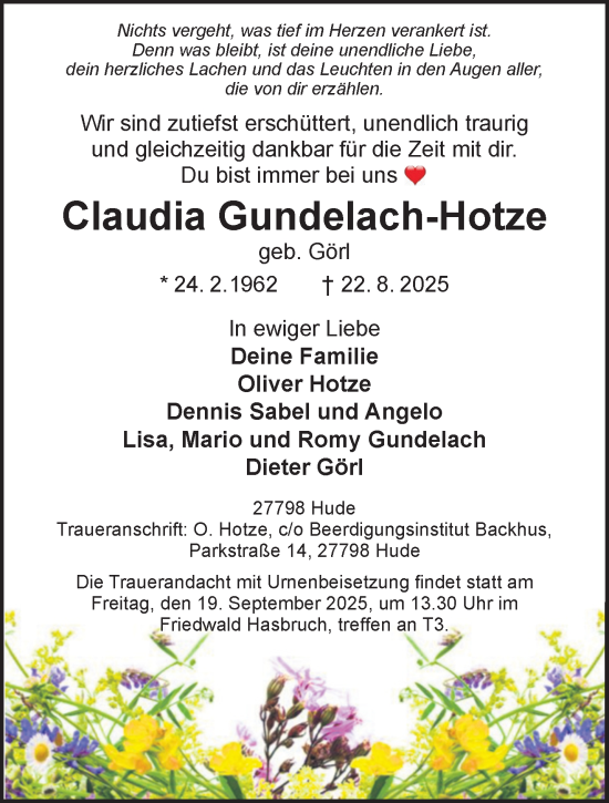 Traueranzeige von Claudia Gundelach-Hotze von Gelnhäuser Neue Zeitung