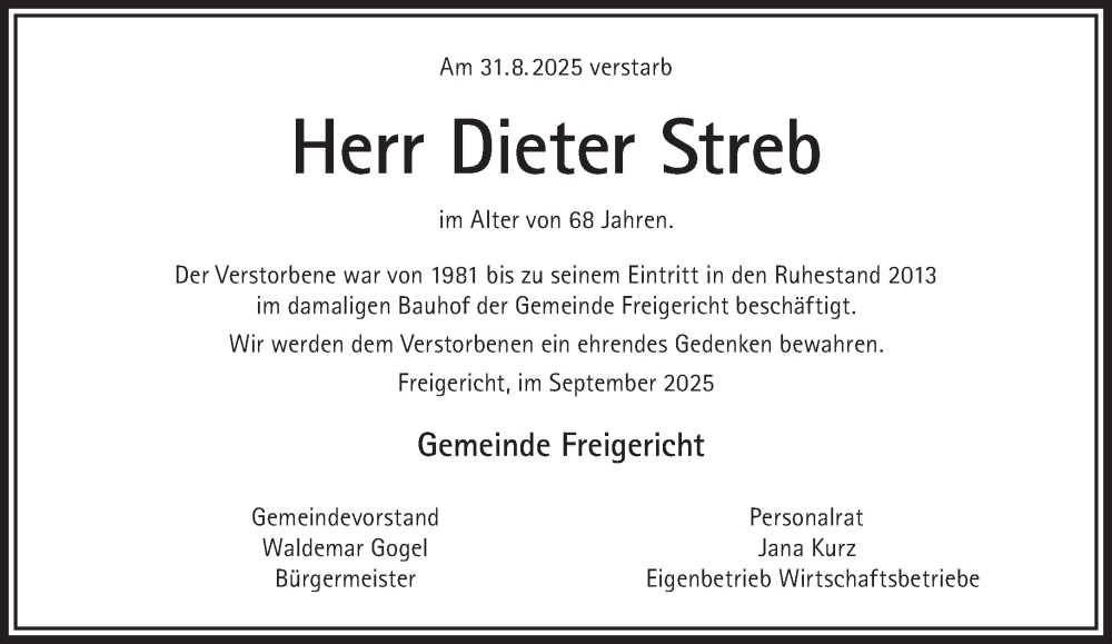  Traueranzeige für Dieter Streb vom 27.09.2025 aus Gelnhäuser Neue Zeitung