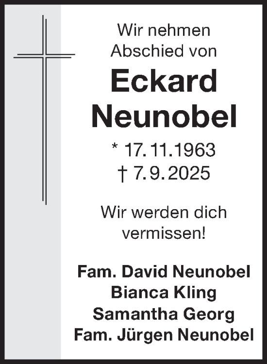 Traueranzeige von Eckard Neunobel von Gelnhäuser Neue Zeitung