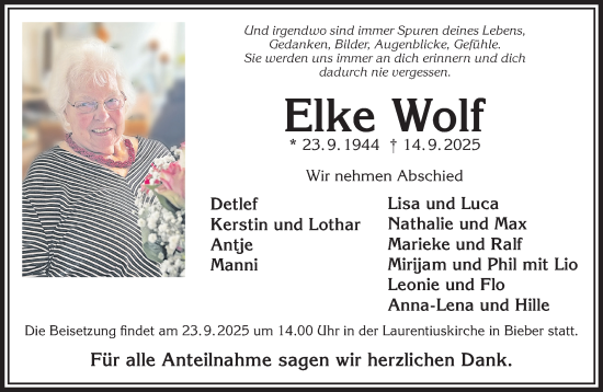 Traueranzeige von Elke Wolf von Gelnhäuser Neue Zeitung