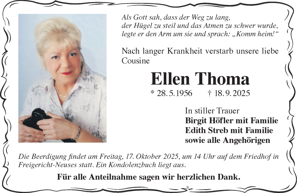  Traueranzeige für Ellen Thoma vom 27.09.2025 aus Mittelhessen-Bote