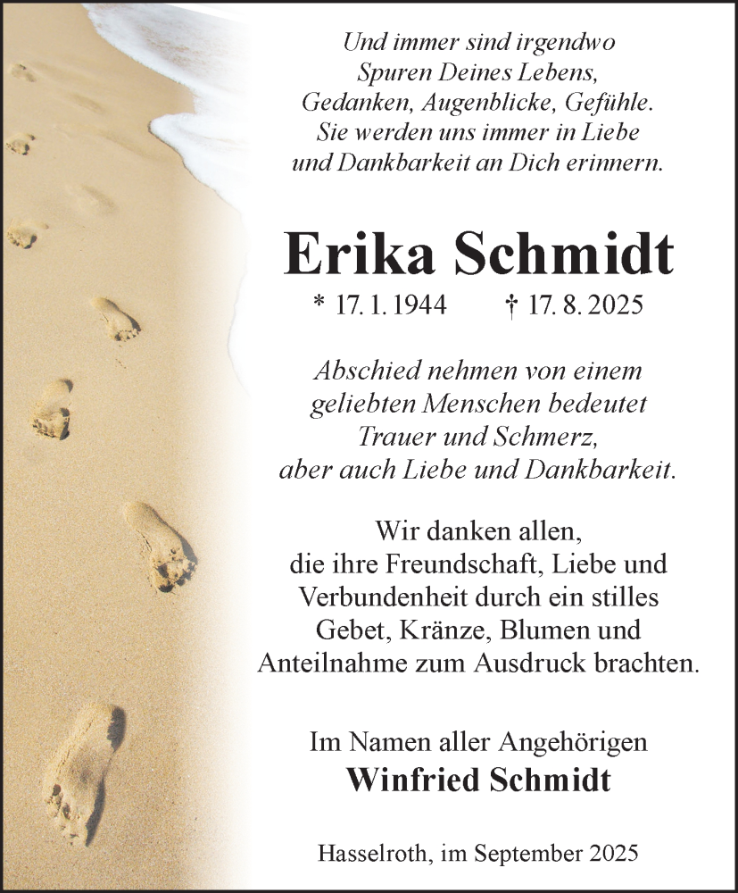  Traueranzeige für Erika Schmidt vom 13.09.2025 aus Gelnhäuser Neue Zeitung
