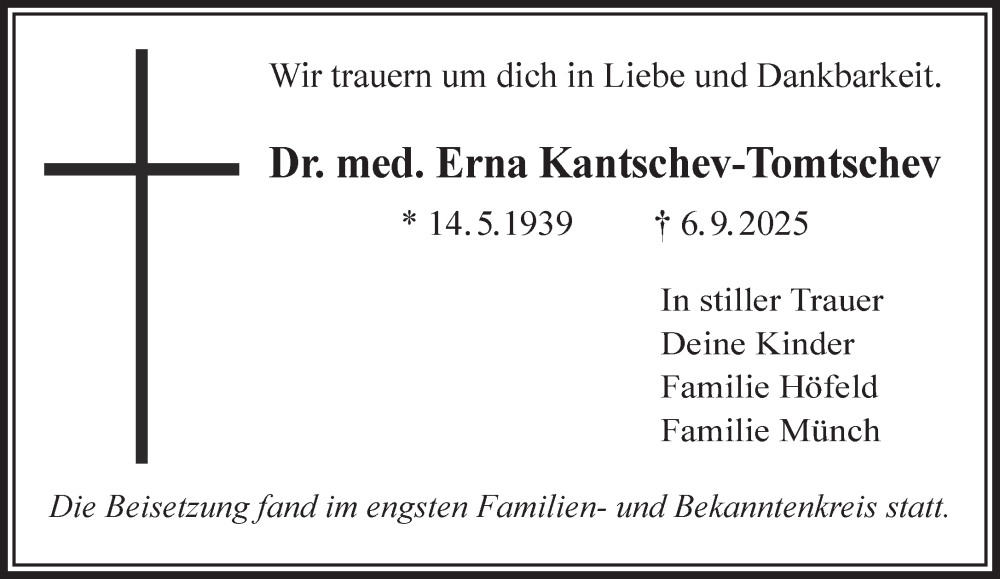  Traueranzeige für Erna Kantschev-Tomtschev vom 13.09.2025 aus Mittelhessen-Bote