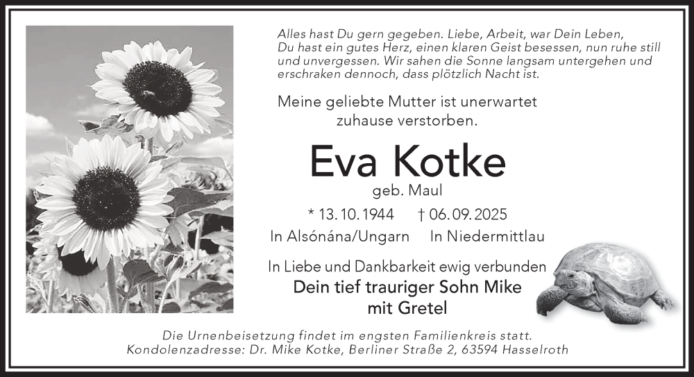  Traueranzeige für Eva Kotke vom 20.09.2025 aus Gelnhäuser Neue Zeitung