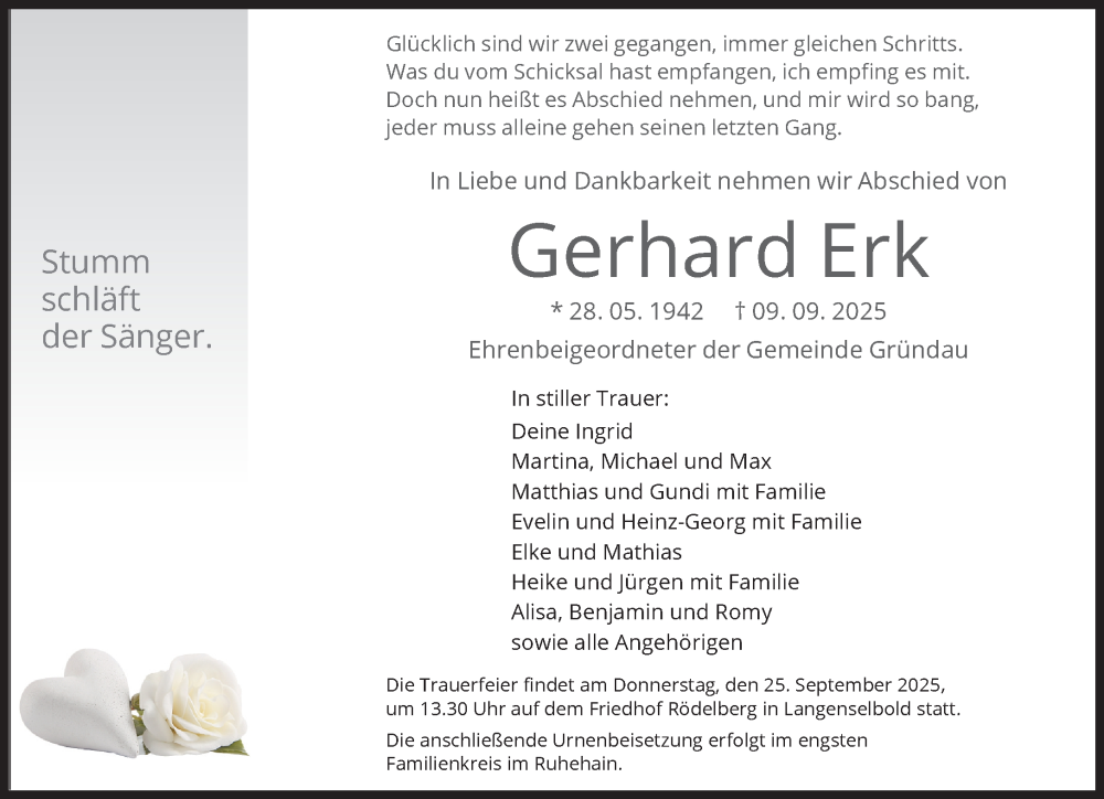  Traueranzeige für Gerhard Erk vom 20.09.2025 aus Gelnhäuser Neue Zeitung
