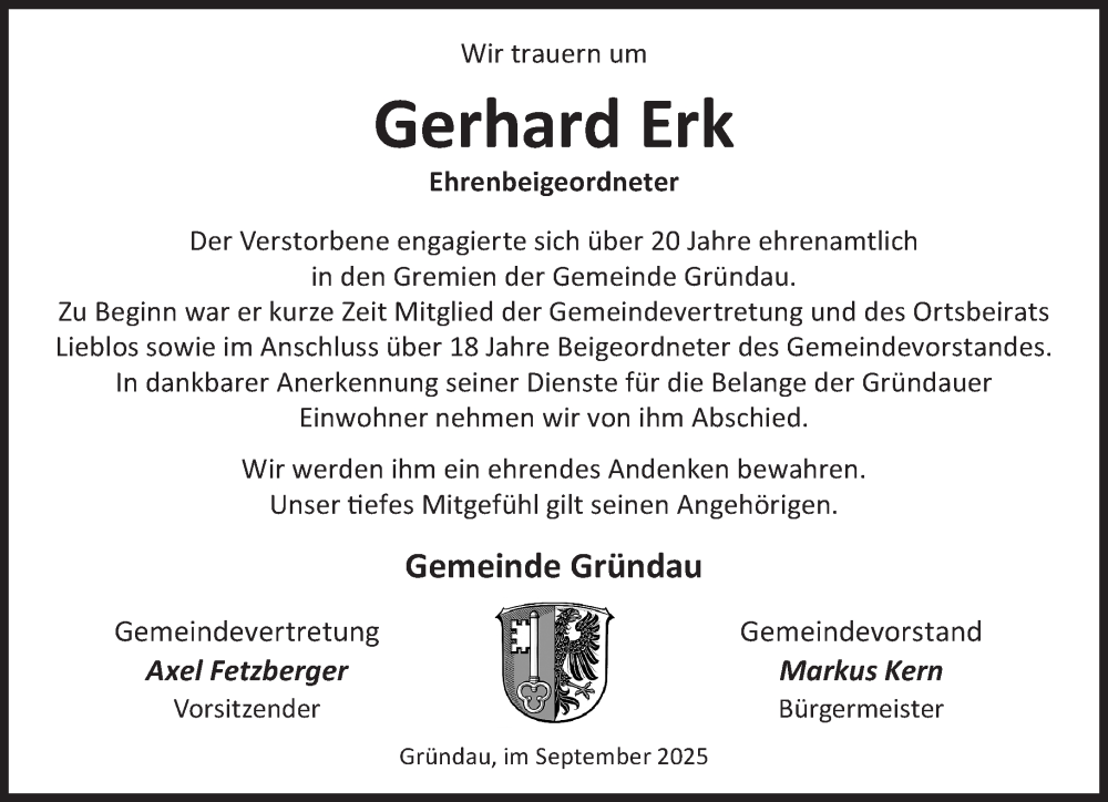  Traueranzeige für Gerhard Erk vom 27.09.2025 aus Mittelhessen-Bote