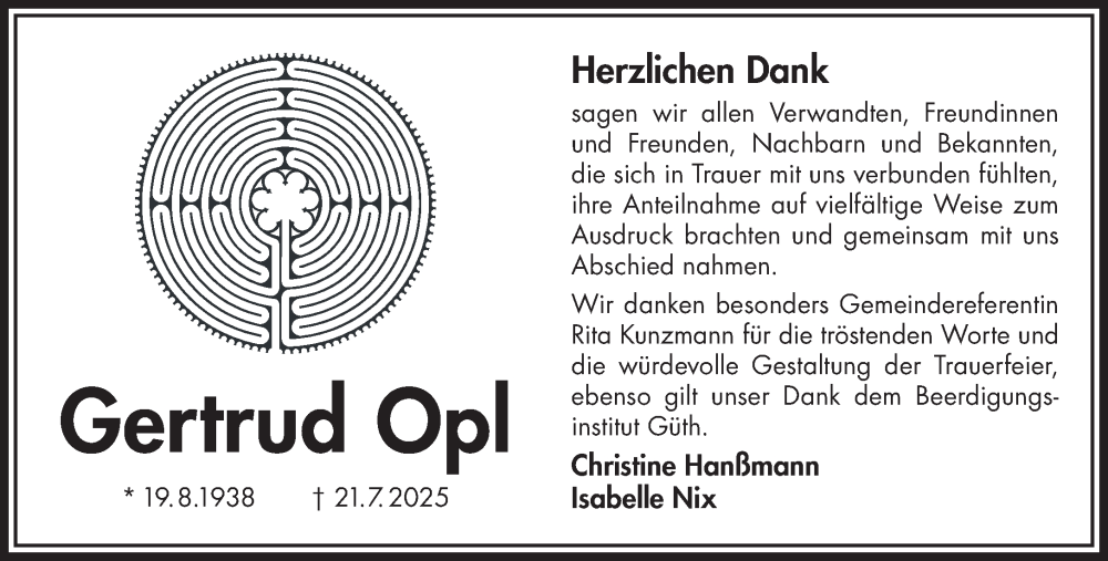  Traueranzeige für Gertrud Opl vom 27.09.2025 aus Gelnhäuser Neue Zeitung