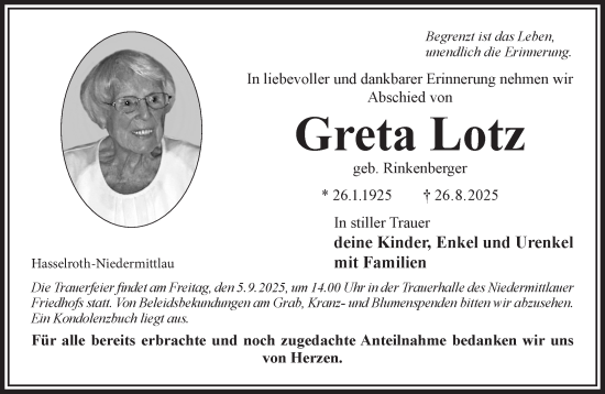 Traueranzeige von Greta Lotz von Mittelhessen-Bote