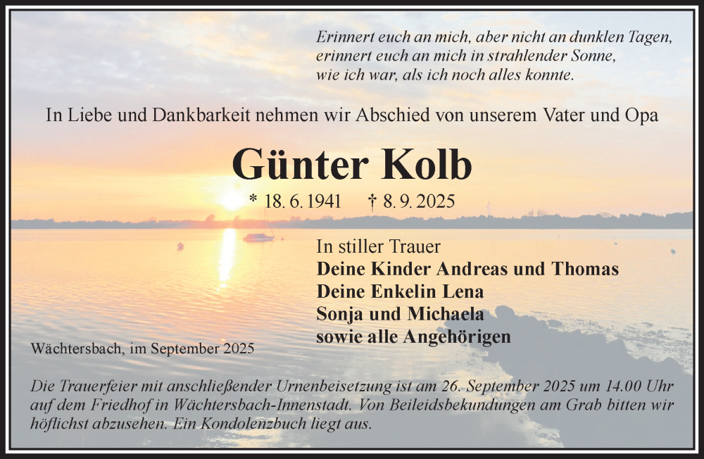  Traueranzeige für Günter Kolb vom 20.09.2025 aus Mittelhessen-Bote