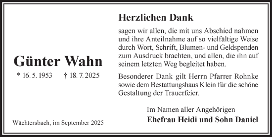 Traueranzeige von Günter Wahn von Gelnhäuser Neue Zeitung