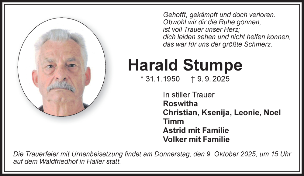  Traueranzeige für Harald Stumpe vom 20.09.2025 aus Gelnhäuser Neue Zeitung