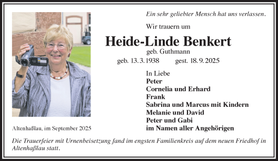 Traueranzeige von Heide-Linde Benkert von Gelnhäuser Neue Zeitung