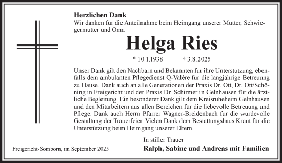 Traueranzeige von Helga Ries von Gelnhäuser Neue Zeitung