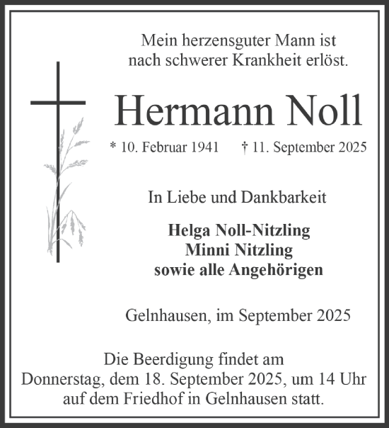 Traueranzeige von Hermann Noll von Gelnhäuser Neue Zeitung