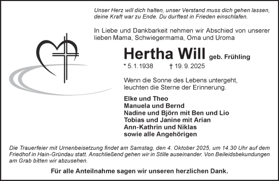 Traueranzeige von Hertha Will von Gelnhäuser Neue Zeitung