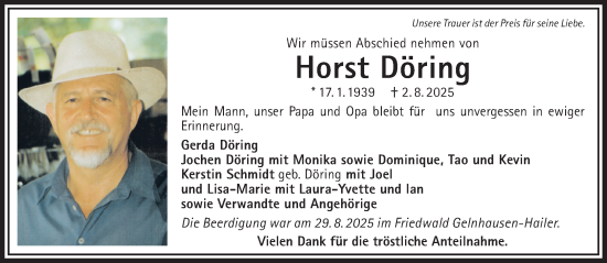 Traueranzeige von Horst Döring von Gelnhäuser Neue Zeitung