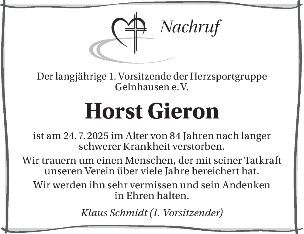  Traueranzeige für Horst Gieron vom 06.09.2025 aus Mittelhessen-Bote