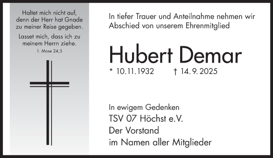 Traueranzeige von Hubert Demar von Gelnhäuser Neue Zeitung