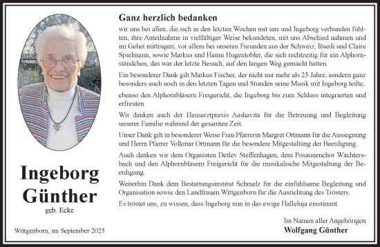 Traueranzeige von Ingeborg Günther von Gelnhäuser Neue Zeitung
